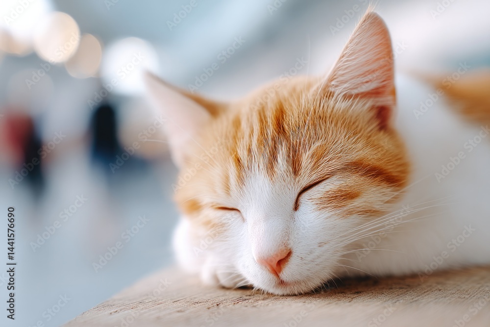 Poster minimalistic image of cat lounging peacefully with blurred people in background to emphasize tranqui