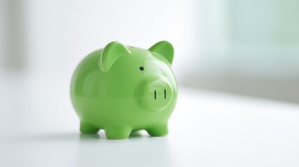 minimalistic green piggy bank on white surface with significant copy space symbolizing savings concept