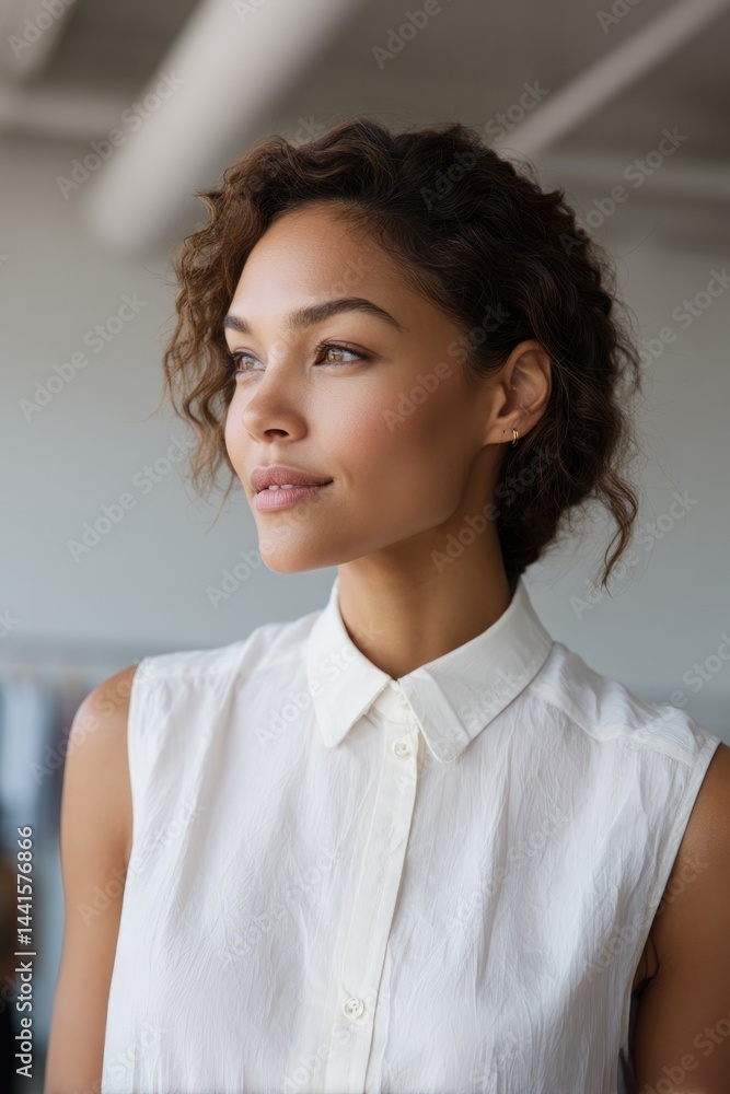 Poster minimalistic portrait of retail consultant in modern store setting featuring clean lines and unclutt