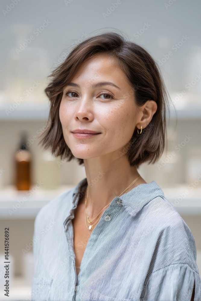 Poster minimalistic portrait of retail consultant in modern store setting featuring clean lines and unclutt