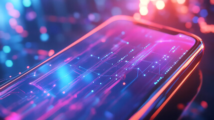 Mobile phone with abstract data connections, technology concept