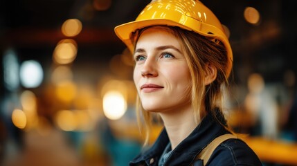 A confident woman in a yellow hard hat smiles in an industrial setting with warm, blurred lights in the background. symbolizing women in engineering and workplace safety. International Labor Day