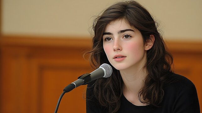 Young woman speaking into microphone