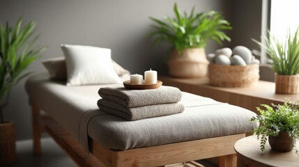 A serene spa setup featuring a massage table, candles, and towels, promoting relaxation and wellness.
