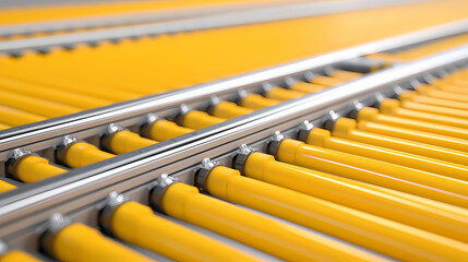 Yellow rollers aligned in parallel rows on a conveyor system, used in industrial material handling and automation processes.