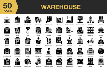 Warehouse solid icon set. Includes warehouse, industry, cargo, delivery, business, distribution, and More. Solid icons vector collection.