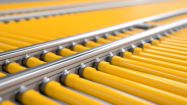 Yellow rollers aligned in parallel rows on a conveyor system, used in industrial material handling and automation processes.