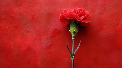 A close-up view showcases a solitary red carnation with textured backdrop, beautiful and vivid.