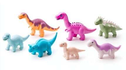 Colorful Collection of Small Toy Dinosaurs on White Background