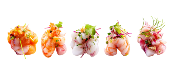 Five stylized portions of cooked pink shrimp and seafood cocktail piles are presented as raw menu assets for restaurant advertising.