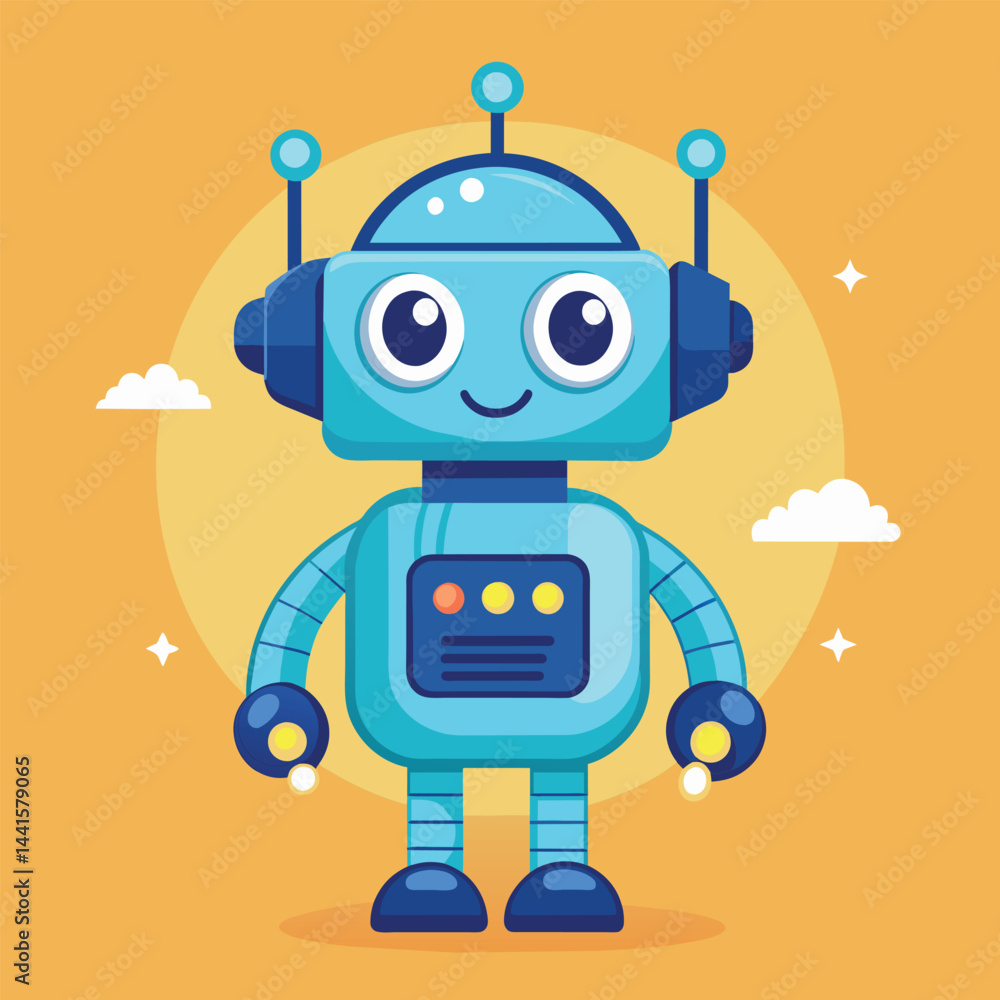 Poster a bright and cheerful cartoon robot stands with a friendly smile, displaying various colorful button