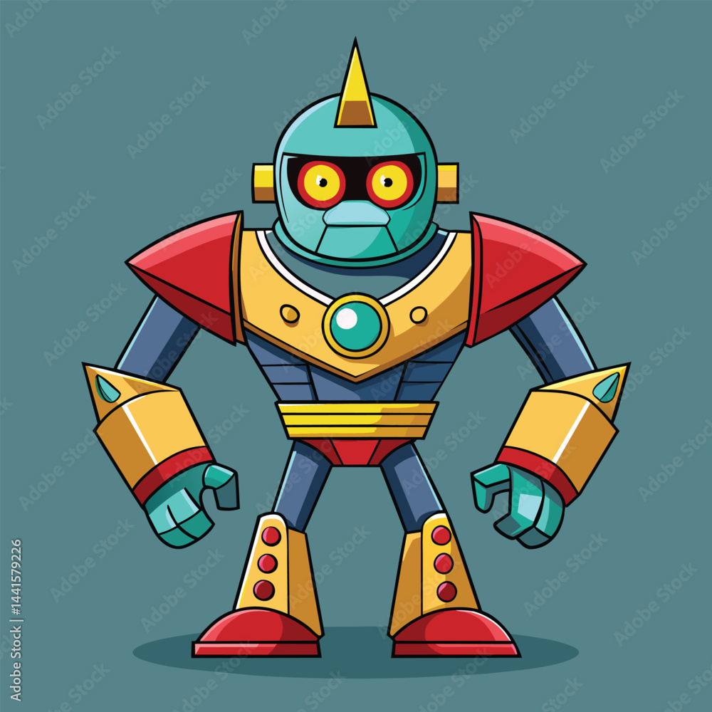 Poster a vibrant robot character stands confidently, displaying its striking colors and bold design. the ch