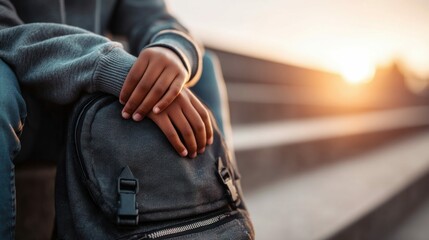 A person sits with a backpack on steps, bathed in a warm light during a sunset.