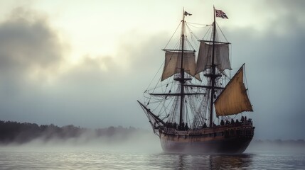 Obraz premium A majestic ship sails through a misty sea under a cloudy sky, capturing the beauty of maritime adventure and exploration.