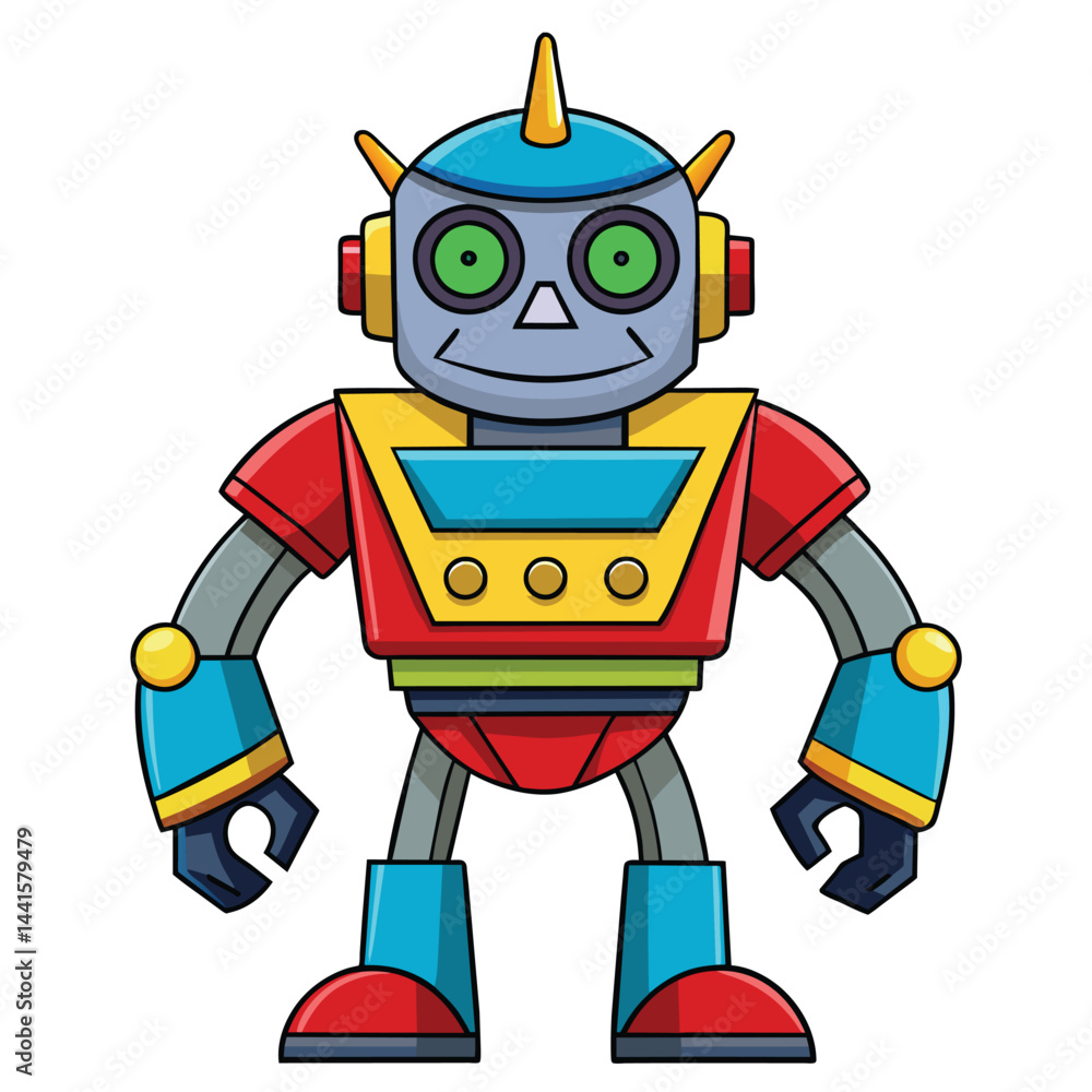 Poster a cheerful robot character with green eyes and a colorful design is standing upright. the robot feat