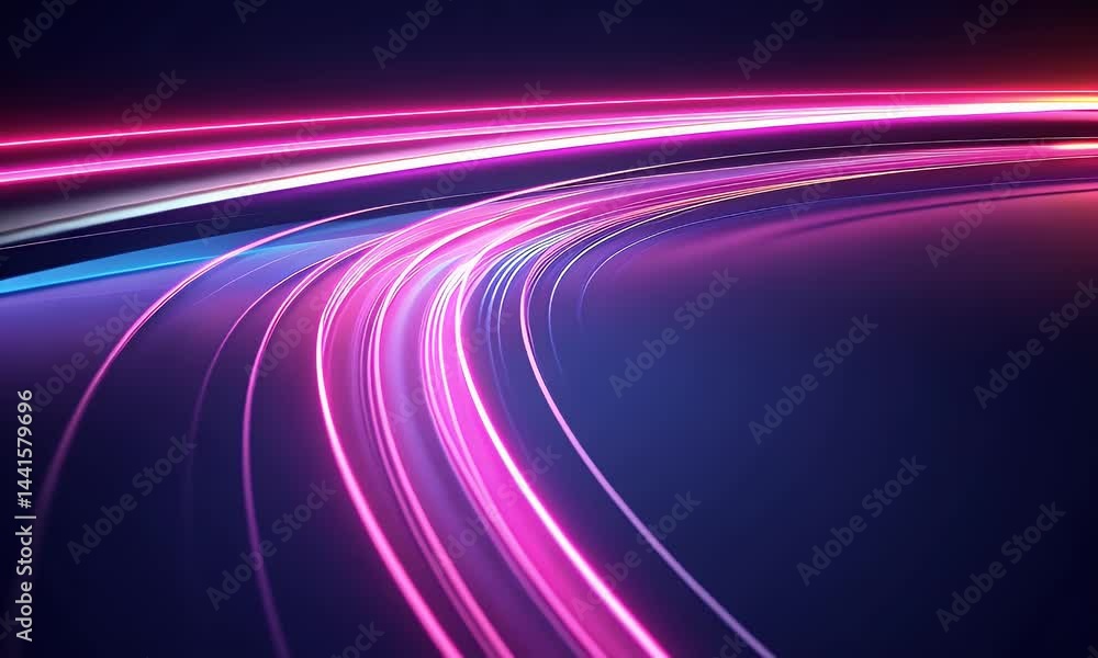 Poster abstract background with neon light lines on a dark purple background, fast-moving glowing light tra