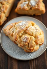 white plate topped with a pastry on top of a wooden table