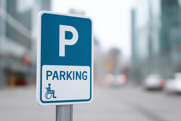 A blue and white "P" parking sign for the access to public spaces, with an illustration of a person in a wheelchair on it, is located on a commercial street in an urban city. The i