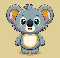 Obraz premium A charming cartoon depiction of a koala with large, expressive eyes and a cheerful smile, set against a simple beige backdrop, perfect for children's content.