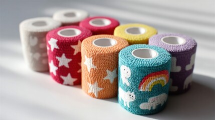 A vibrant selection of patterned bandages, perfect for first aid and colorful care.