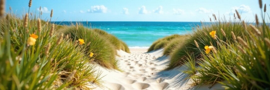 Narrow boardwalk meanders, dune grass framing blue sea, outdoor, horizon