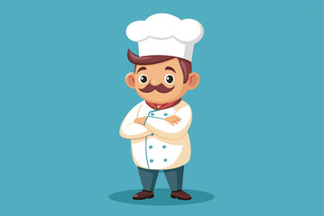 A friendly chef stands confidently with crossed arms, wearing a white coat and traditional hat against a bright blue background, embodying culinary passion.