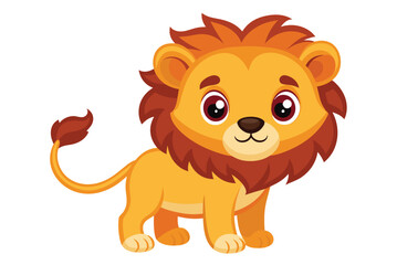 Obraz premium A cartoon lion stands happily with a bright smile, featuring vibrant colors and large expressive eyes, perfect for children's illustrations or educational materials.