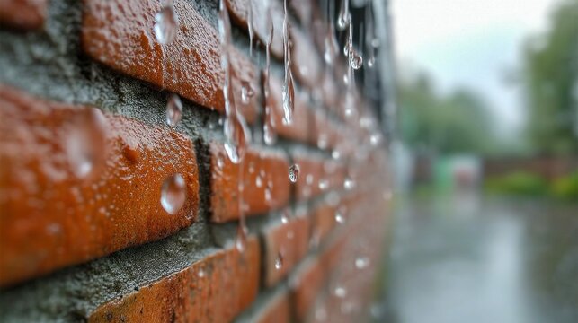 Raindrops cascade down a weathered brick wall in a close-up, wet and atmospheric scene.