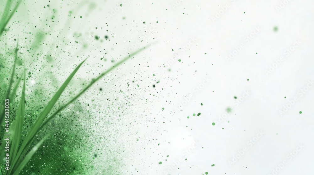 Poster delicate green grass particles floating against a soft white background creating a serene atmosphere