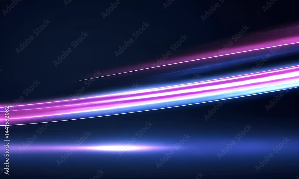 Poster abstract background with neon light lines on a dark purple background, fast-moving glowing light tra