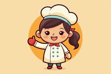 The cartoon chef character wears a traditional white coat and hat, displaying a friendly smile while giving a thumbs up, radiating culinary enthusiasm.