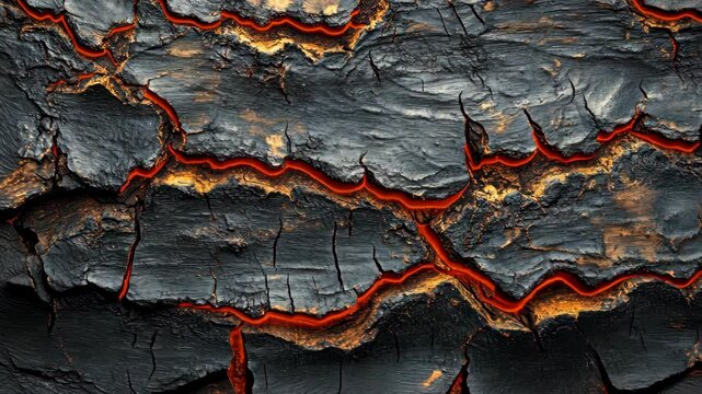 Burned tree bark detail showcasing char and ash in forest environment