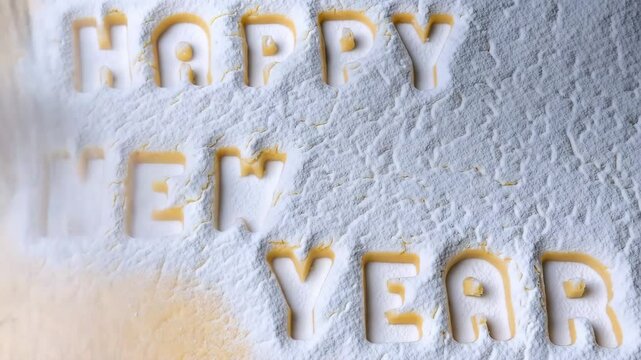 Happy New Year text cut into raw cookie dough using plastic cutters, top view on kitchen table, concept of celebration and holiday baking. Falling white flour like snow covers the inscription
