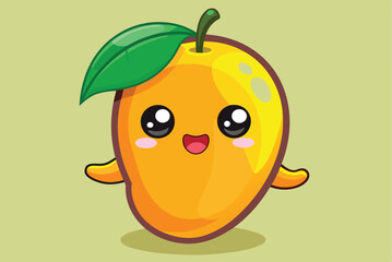 A cheerful cartoon mango with big eyes and a friendly smile stands out against a light pastel background, showcasing its vibrant yellow color and fun character design.