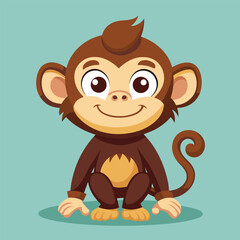 A cartoon monkey sits with a big smile, its brown fur and light belly contrasting against a turquoise backdrop, creating a fun and vibrant ambiance.