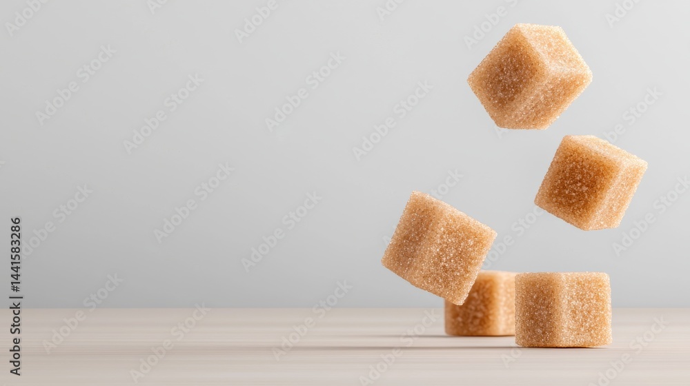Poster floating mini sugar cubes against a soft grey background creating a sense of lightness and sweetness