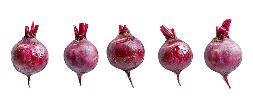 Simple, deeply colored red beetroots are displayed in a clean horizontal alignment against a pure transparent background.