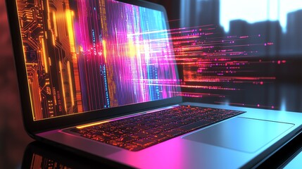 Futuristic laptop with vibrant data visualization.