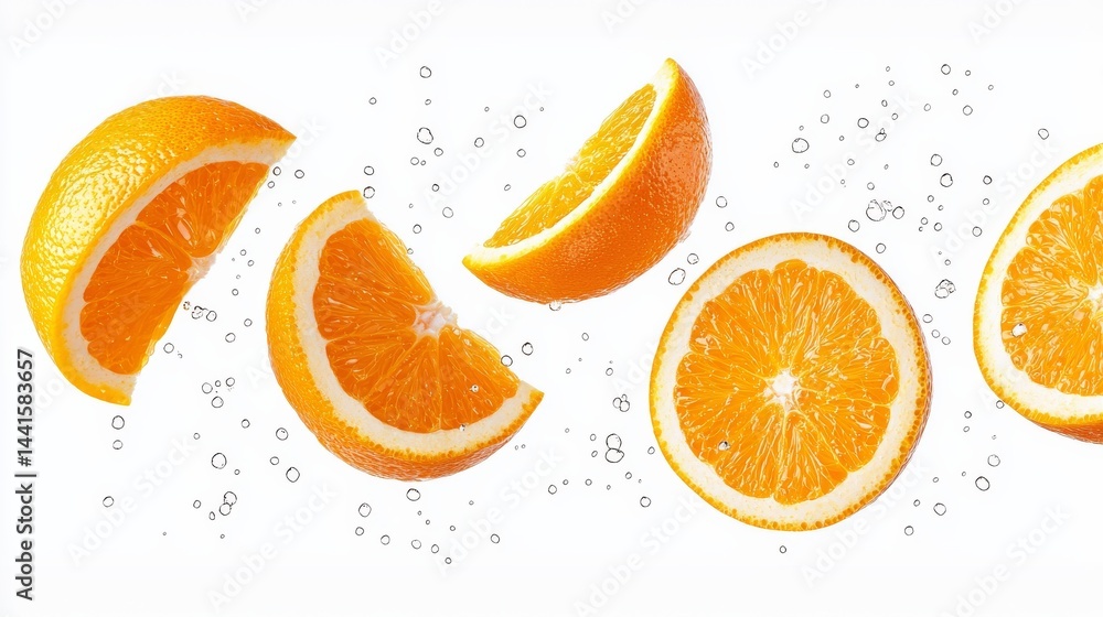 Poster fresh orange segments floating against a white background creating a vibrant and inviting display