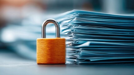 Naklejka premium A padlock rests in front of a stack of documents, symbolizing data security and protection.