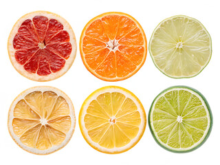 Fototapeta premium Assorted fresh citrus fruit halves featuring grapefruit orange lemon and lime