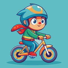 Obraz premium A cheerful boy pedals his bike with enthusiasm, sporting a vibrant helmet and a flowing cape, ready for an exciting ride under a clear sky.