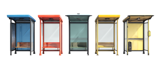 A row of five contemporary urban bus stops featuring brightly colored roofs is precisely isolated on a clean transparent background for