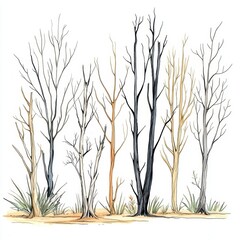 Fototapeta premium A group of leafless trees with thin branches and sparse grass drawn in a minimalist, hand-drawn style.