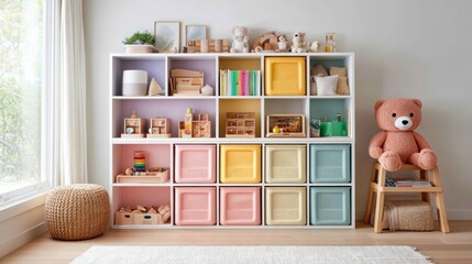 A beautifully arranged playroom features a large teddy bear and colorful shelves of toys.