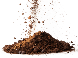 Soil or ground with falling particles isolated on black backdrop