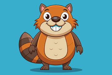 Naklejka premium A cheerful cartoon squirrel stands confidently with a broad smile, showcasing its fluffy tail and vibrant orange coloring against a bright blue backdrop.