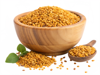 Fenugreek seeds in wooden bowl with spoon and fresh green leaves still life