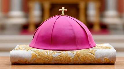 Elegant view of a pink mitre with a golden cross, resting on a decorated religious book.