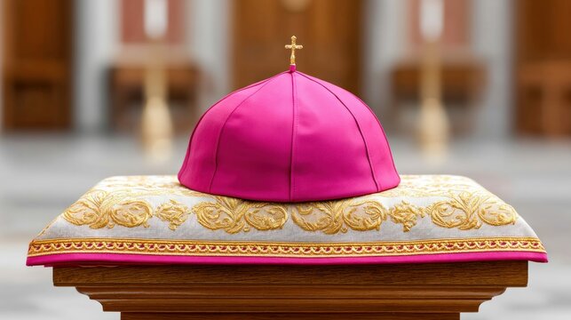 The vibrant pink zucchetto rests on a decorated cushion, an emblem of religious authority.